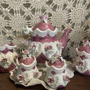 Porcelain Pink Rose Teapot Set